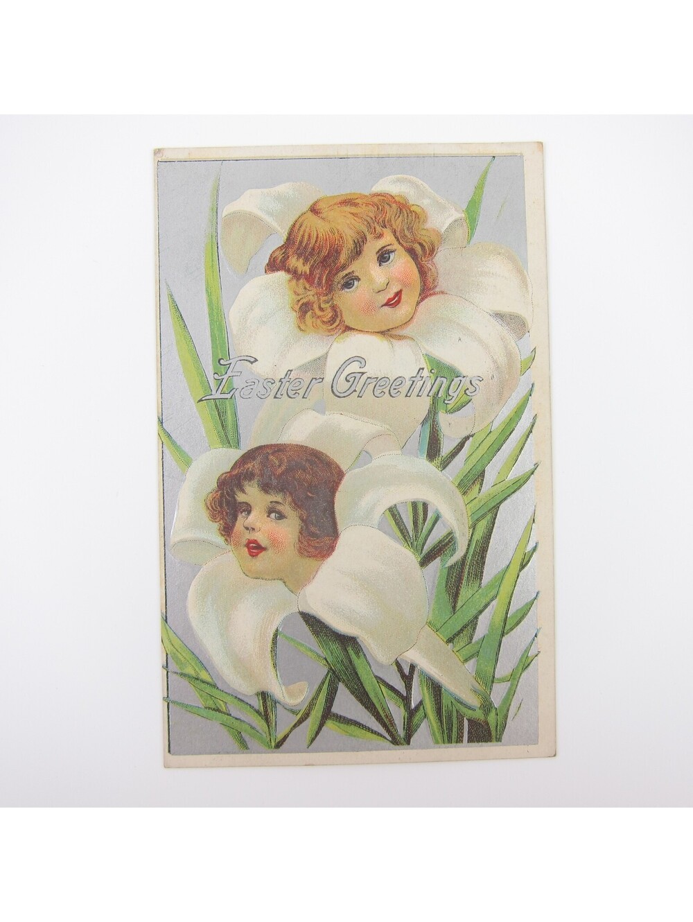 Easter Postcard Anthropomorphic Lily Flowers with Girl Heads Silver Antique 1910